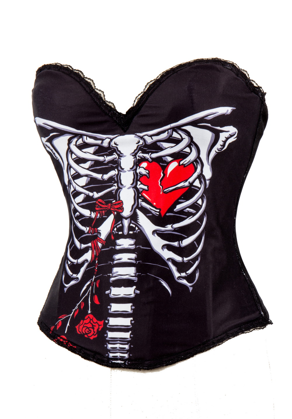 F66364  Skeleton with Heart & Floral Print Black Cotton Push Up Bustier Corset